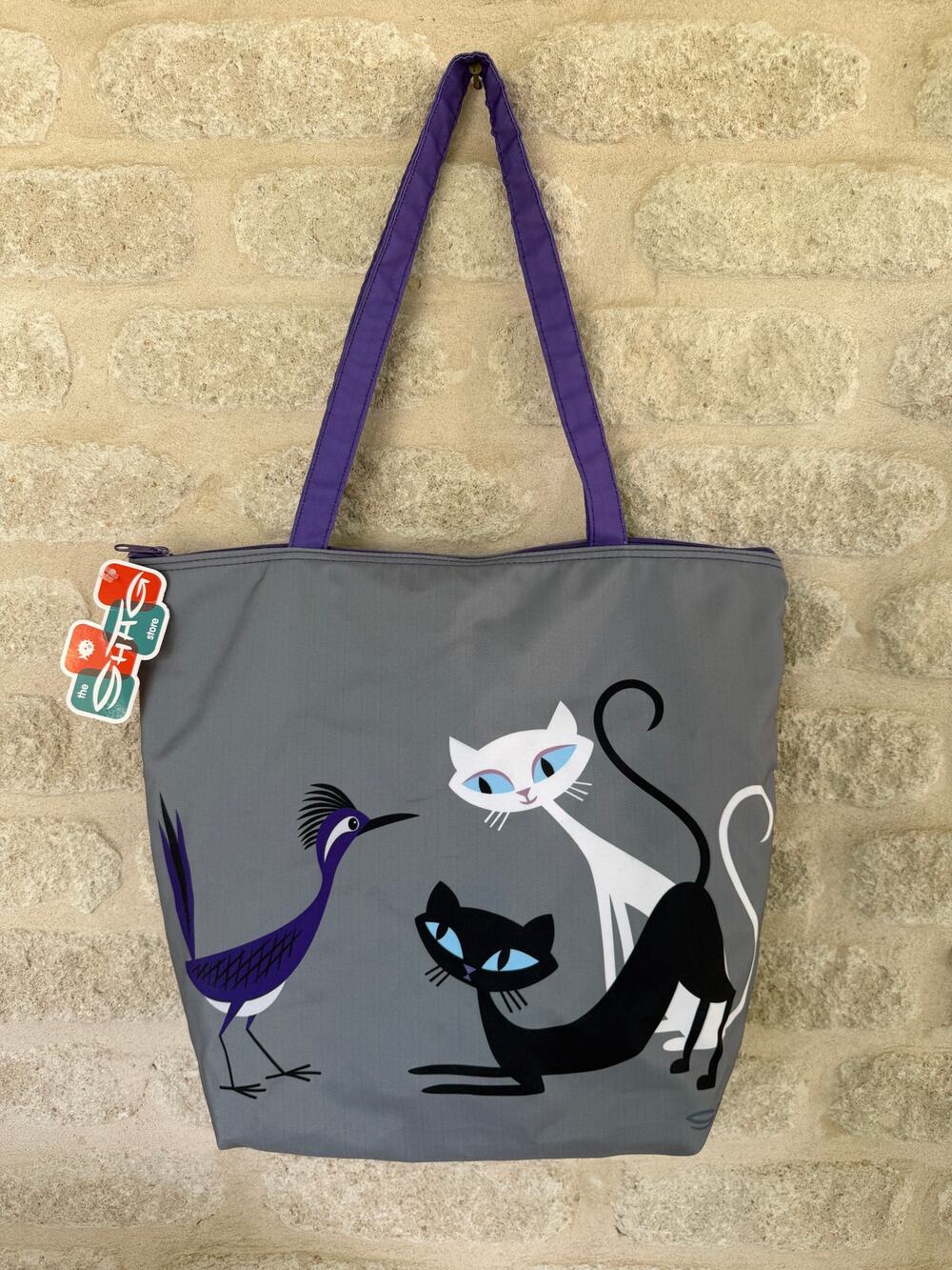 SHAG BAG Josh Agle Las Vegas Cautious Cat Zippered Tote Bag NWT 2022 gray purple
